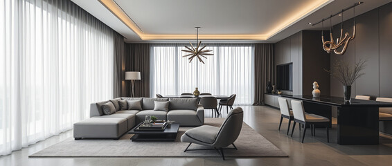Sleek and Elegant Open-Plan Living and Dining Area with Bold Contrasts and Modular Gray Sectional
