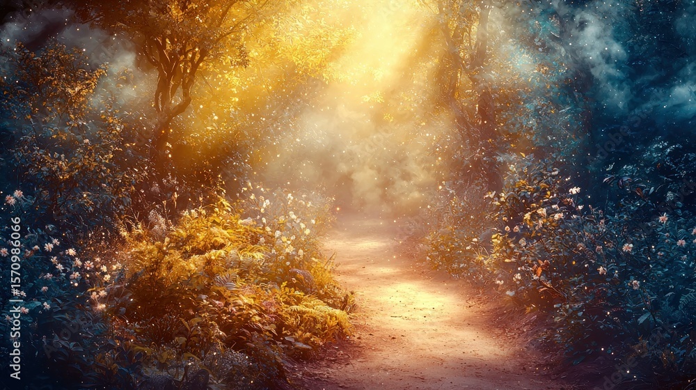 Poster sunlit path through enchanted forest