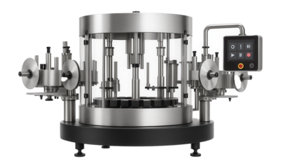 Rotary labeling machine with a carousel design and multiple labeling heads for high-speed bottling lines in beverage factories