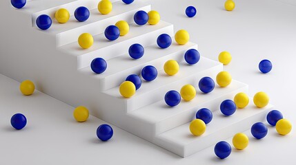 Yellow and blue spheres arranged on white steps.