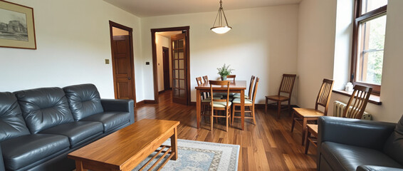 Simple and Sturdy Open-Plan Living and Dining Area with Mission-Style Details and Warm Wood Tones