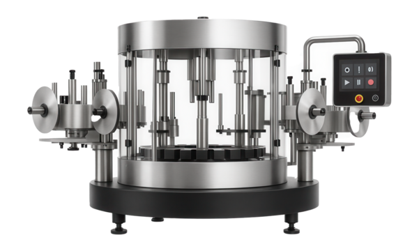 Rotary labeling machine with a carousel design and multiple labeling heads for high-speed bottling lines in beverage factories