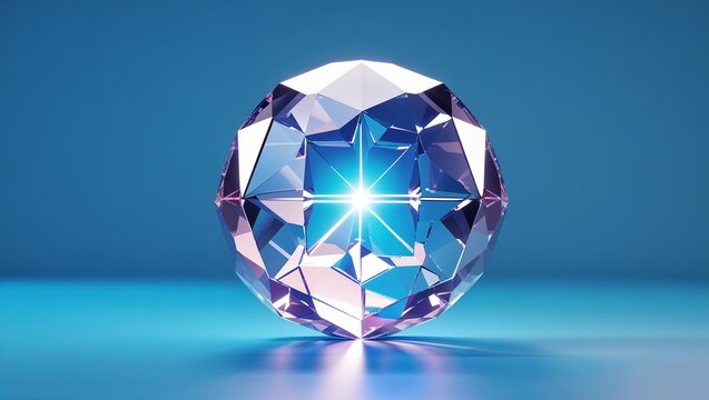Projecting faceted crystal sphere casting starburst light on glossy tabletop, gradient backdrop - Powered by Adobe