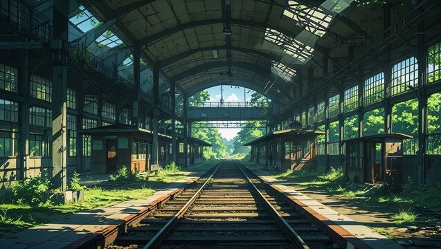 Streaming sunlight illuminating rails inside abandoned station, with overgrown platforms and cabins - Powered by Adobe