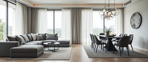 Sophisticated Open-Plan Living and Dining Space with Contemporary Elegance and Gray Sectional Sofa