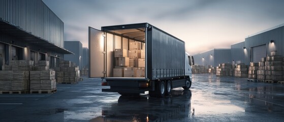 The truck parked in a warehouse with cargo ready for distribution.