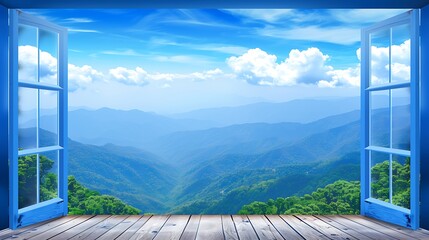 Open window framing serene mountain views with clear blue sky and cumulus clouds evoking tranquility