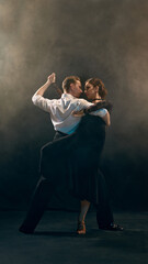 Two refined dancers capture a passionate stance, showcasing the Argentine tango with elegance and...