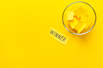 Raffle tickets and winner paper with glass jar. Luck and lottery concept