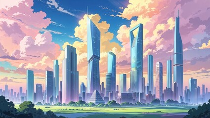 Showcasing futuristic cityscape rising at sunset over grassy plain, with triangular tower and spire