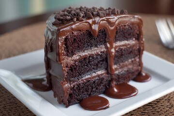 Triple layer chocolate cake with ganache.