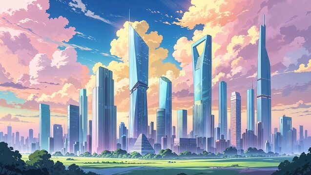 Showcasing futuristic cityscape rising at sunset over grassy plain, with triangular tower and spire