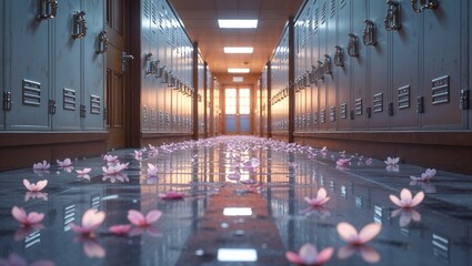 Shining corridor floor reflecting sunlight in school hallway, with metal lockers and blossom petals