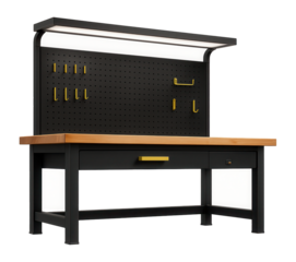 Workbench with a built-in pegboard and overhead lighting for tool organization in a carpentry shop