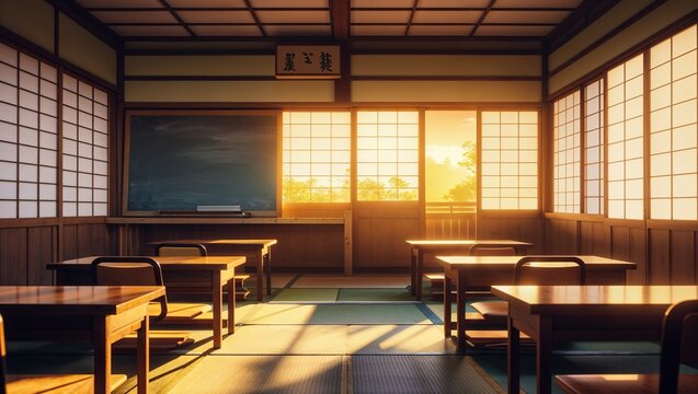 Soaking empty Japanese-style classroom in warm sunset light, with wooden desks and tatami mats - Powered by Adobe