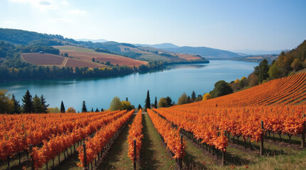 Lake Trasimeno in Autumn Italy — Rust-Orange Vines and Olive Trees on Gentle Hills
