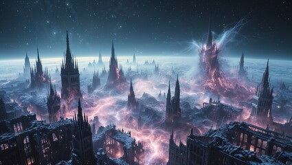 Ruined gothic spire towers glowing with neon pink fissures under starry sky, with swirling vortex