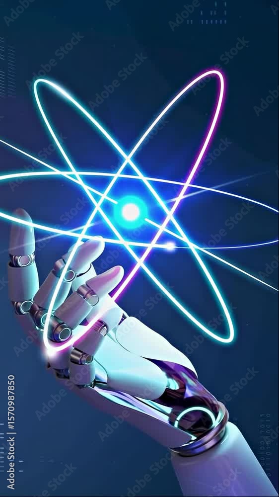 Poster a robotic hand interacts with a glowing atom model, representing technology and progress.