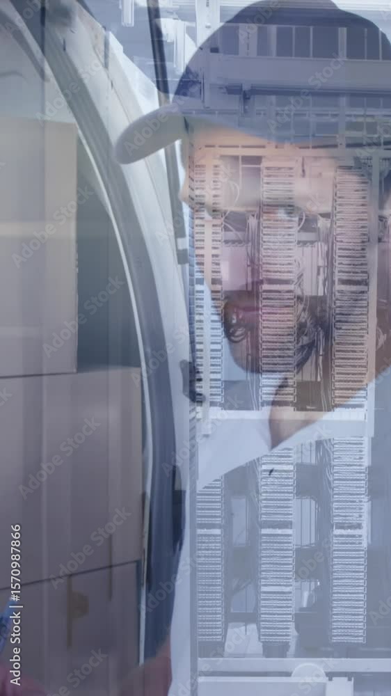 Poster animation of hands working over modern building over data processing