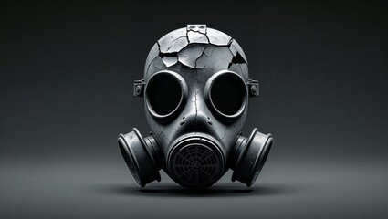 Resting cracked gas mask featuring dual filters on smooth dark studio table, with weathered details