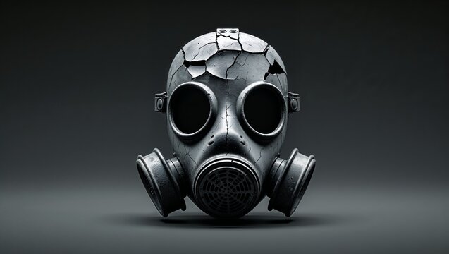 Resting cracked gas mask featuring dual filters on smooth dark studio table, with weathered details - Powered by Adobe