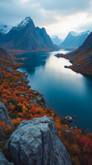 Lofoten Lakes Norway Bright Autumn Foliage Meets Icy Blue Waters With Dramatic Peaks and Golden Trees