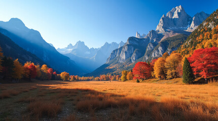 Val di Funes Italy Autumn Valley with Golden and Red Foliage beneath Odle Peaks