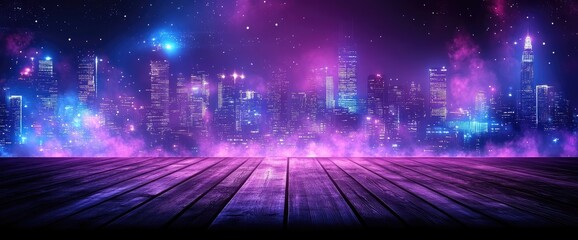 Vibrant cityscape under a starry sky, with a wooden floor adding depth and a touch of urban elegance