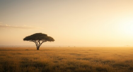 Solitary Acacia Tree at Sunrise in African Savanna