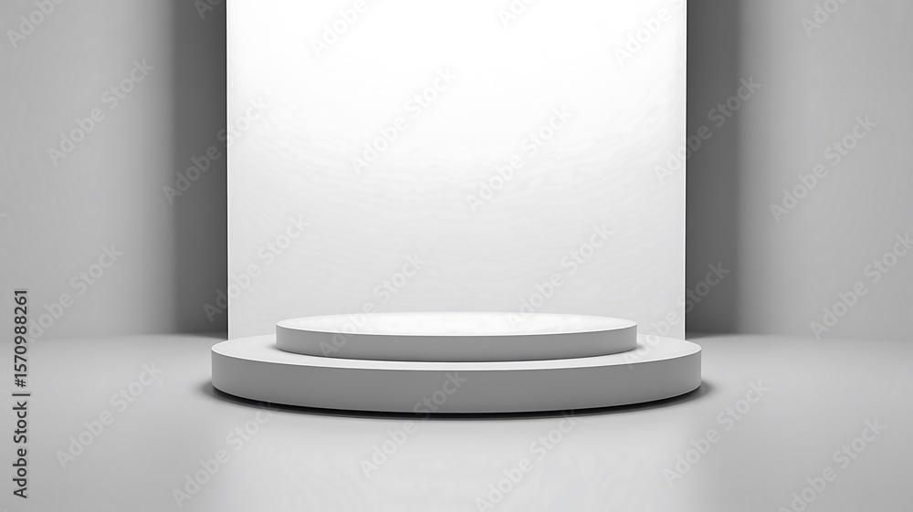 Poster white circular podium with two tiers in a minimalist studio setting stage platform