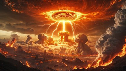 Dominating circular cloud formation sending fiery lightning beams over wasteland, with lava flows