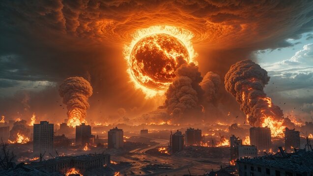 Glowing fiery sphere dominating sky over ruined cityscape, with burning high-rise buildings - Powered by Adobe