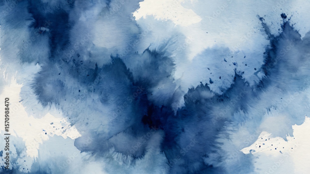 Aufkleber a dynamic blue watercolor background features abstract splashes and stains, creating a textured and 