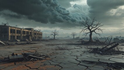 Obraz premium Towering tree standing on cracked earth at ruined factory with twisted metal debris, copy space