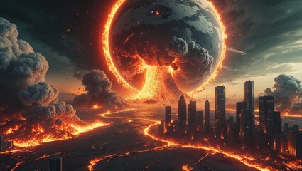 Roaring giant fiery celestial sphere erupting above post-apocalyptic city, with glowing lava flows
