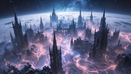 Towering gothic spire towers rising at barren alien landscape, with glowing plasma fissures
