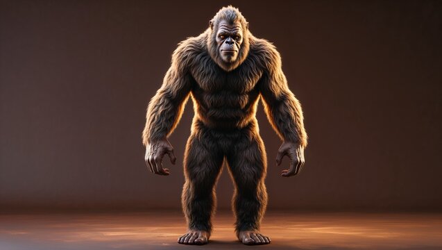 Standing muscular ape-like creature showing shaggy fur on reflective studio floor, with warm light - Powered by Adobe