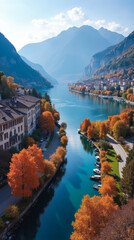 Lake Annecy in Autumn France — Burnt-Orange Trees Line Canals and Lakeside Promenades Below Alpine Ridges
