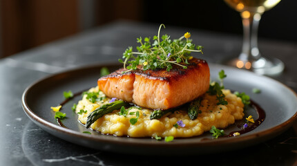Pan-Seared Salmon with Creamy Risotto and Microgreens — A Fine-Dining Scene Featuring a Thick-Cut Presentation