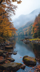Glendalough Upper Lake in Autumn Ireland — Soft Mist and Golden Foliage Frame a Tranquil Lake Nestled in a Valley