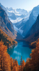 The Lake Ritsa in Autumn Abkhazia — Burnt Orange Forests Cascade Down Steep Slopes to a Pristine Alpine Lake