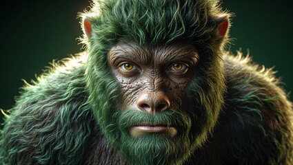 Displaying CGI primate showcasing green fur glowing under studio light, and peering with amber eyes