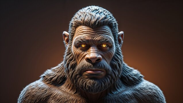 Highlighting fur-covered humanoid creature revealing glowing amber eyes in studio, warm cool tones