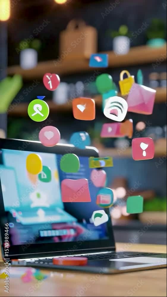 Poster a laptop showcasing various app icons floating, representing digital technology and online connectiv
