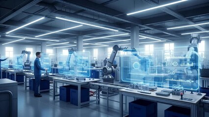 Modern factory with robotic arms and holographic interfaces controlled by workers - Powered by Adobe