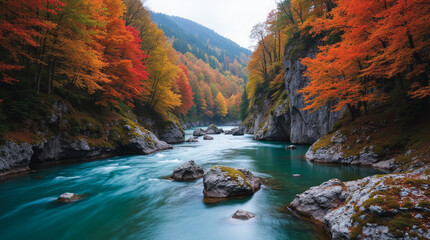 Bled Gorge in Autumn Slovenia — Fiery Treetops Cover the Gorge Walls Above a Sapphire Stream and Rocky Riverbed