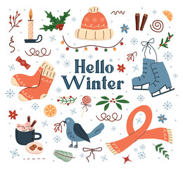 winter pattern, cute illustration.  tree, stars, dots, snow, simple  design. hand drawn doodles are isolated on a white background. A trend concept for print, banners, social networks, posters. art