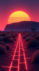 Retro-Futuristic Uluru at Sunset with Neon Sky and Vibrant Glow