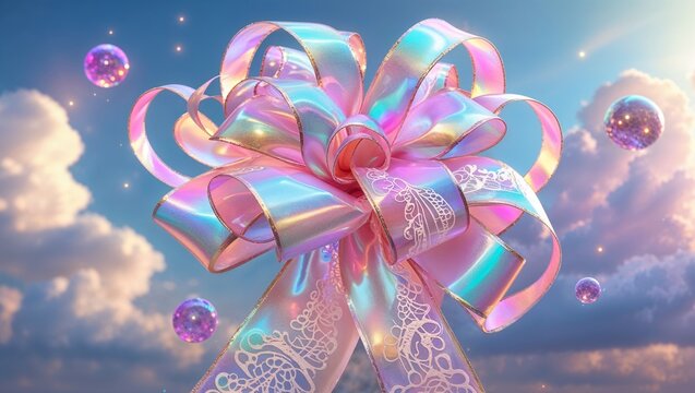 Floating iridescent lacy ribbon bow drifting through pastel sky, with translucent sparkling spheres - Powered by Adobe