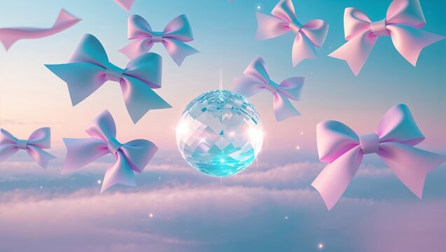 Floating reflective disco ball and pastel bows hovering above cloud layer at dawn, magical scene - Powered by Adobe